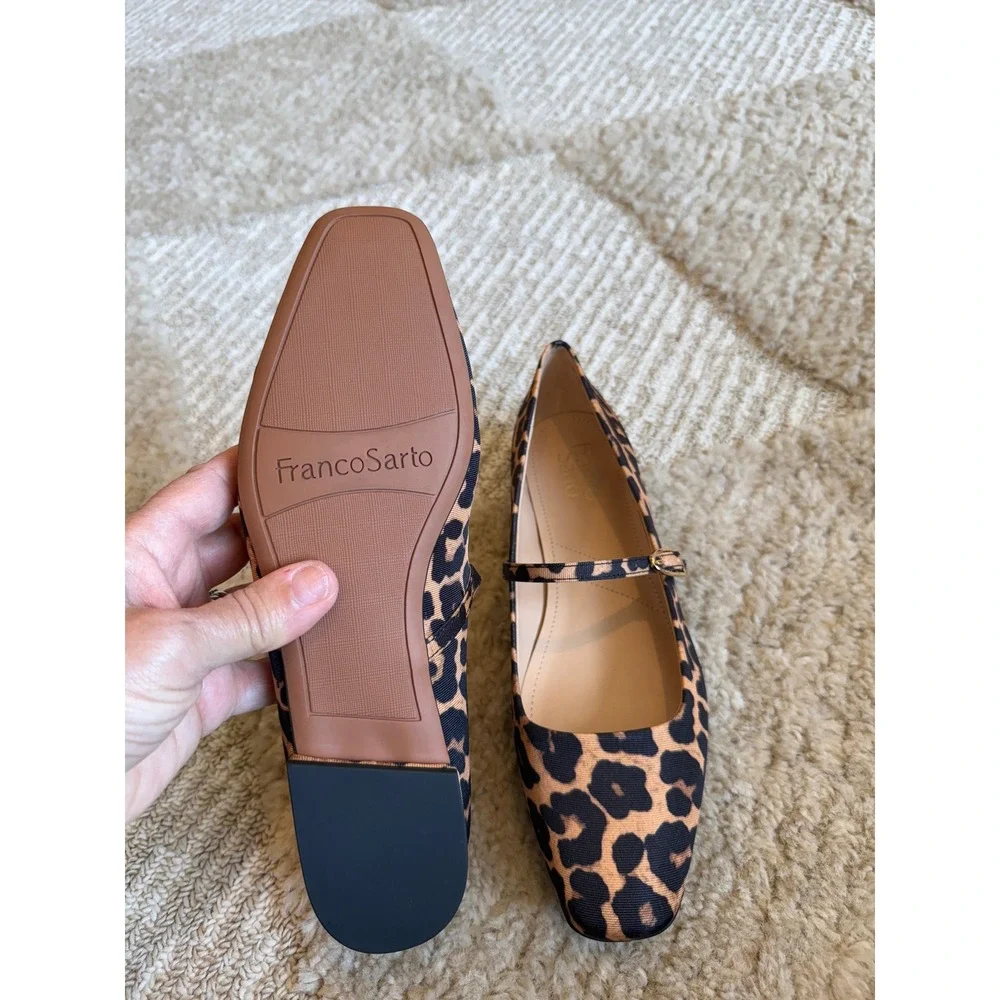 Franco Sarto Leopard Print Mary Jane Flats Square Toe Buckle Strap Shoes Size 8